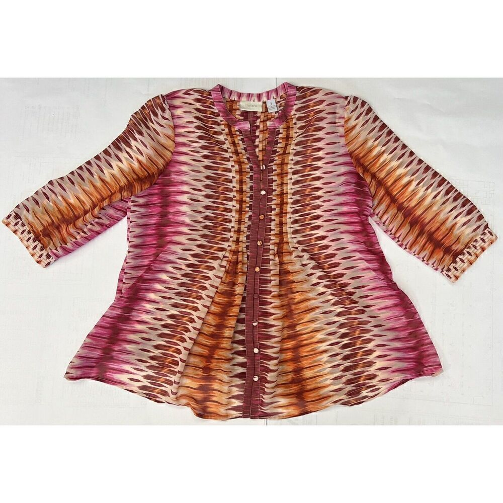 CHICO'S Ikat Tunic Top Semi-Sheer  3/4 Sleeve Button Blouse - Size 1 Small